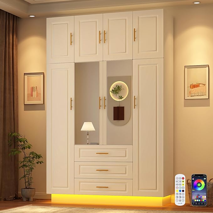 Hlivelood Large Armoire Wardrobe Closet Cabinet with Drawers and LED Lights, Multi-Tier Shelves, Hanging Rod, Large Capacity Storage 4 Door Wardrobe Armoire with Top Cabinet for Bedroom, White