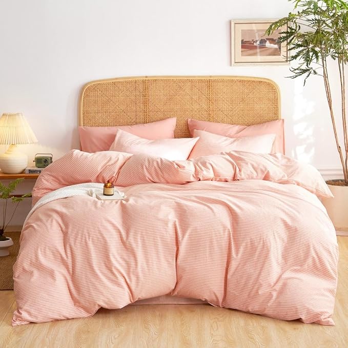 Wake In Cloud - Striped Cotton Duvet Cover Set, 100% Washed Cotton Textured Percale Bedding Set, Ticking Stripe Pinstripe Farmhouse, 3 Pieces, Light Pink, Queen Size
