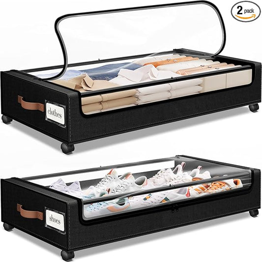 SpaceHacks Under Bed Storage with Wheels 2Pack Storage Containers with Clear Window&Label Under Bed Drawers Rolling Under Bed Storage for Clothes,Shoes, Blankets (30.71 x 16.93 x 6.69 in, Black)