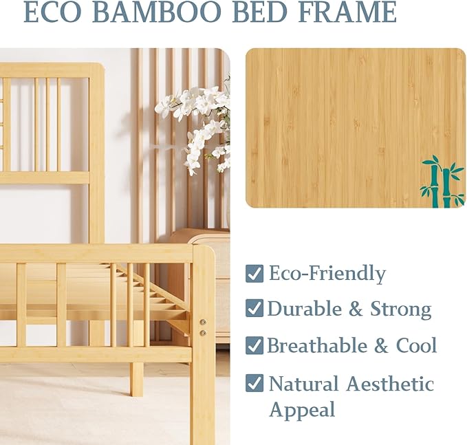 Hunlostten 12 in High Bamboo Wood Full Size Bed Frame with Headboard & Footboard, Platform Bed Frame Full Size with Steel Slats Support, Heavy Duty, No Box Spring Needed, Easy Assembly