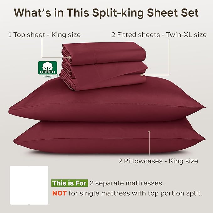 California Design Den Split King Sheets Set - Luxury Hotel 800 Thread Count Sateen, Soft and Natural 100% Cotton Sheets, Deep Pockets for a Snug Fit, Durable Bedding Set - Red Wine