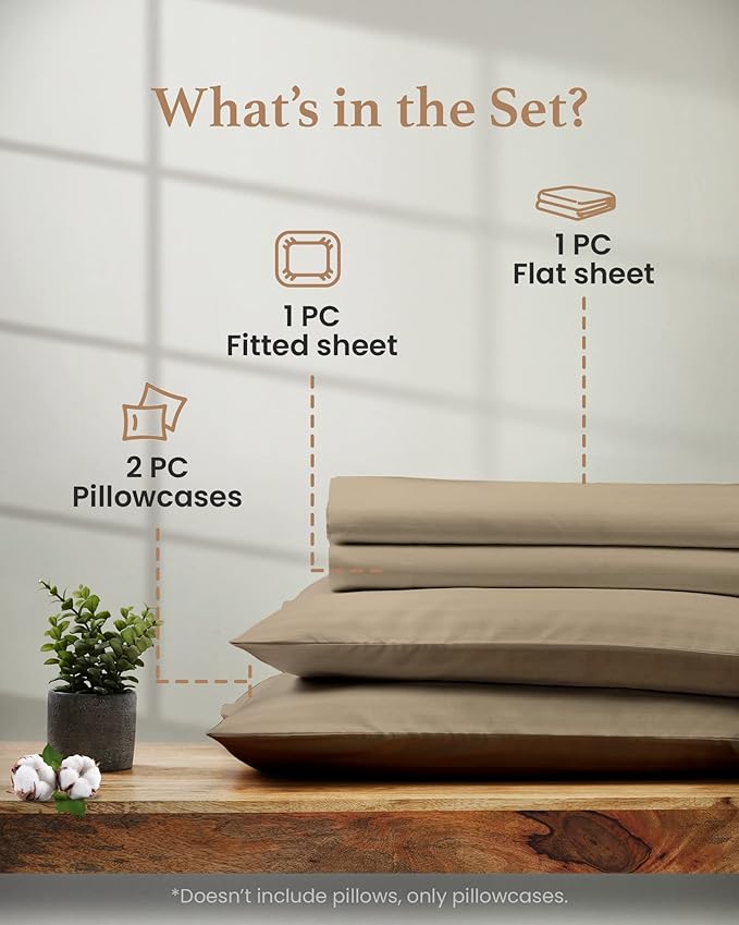 Good Sleep Bedding Twin Sheets Set - 100% Egyptian Cotton, Soft, 3Pc, Hotel Quality, Deep Pocket, Fits Upto 16" - Taupe