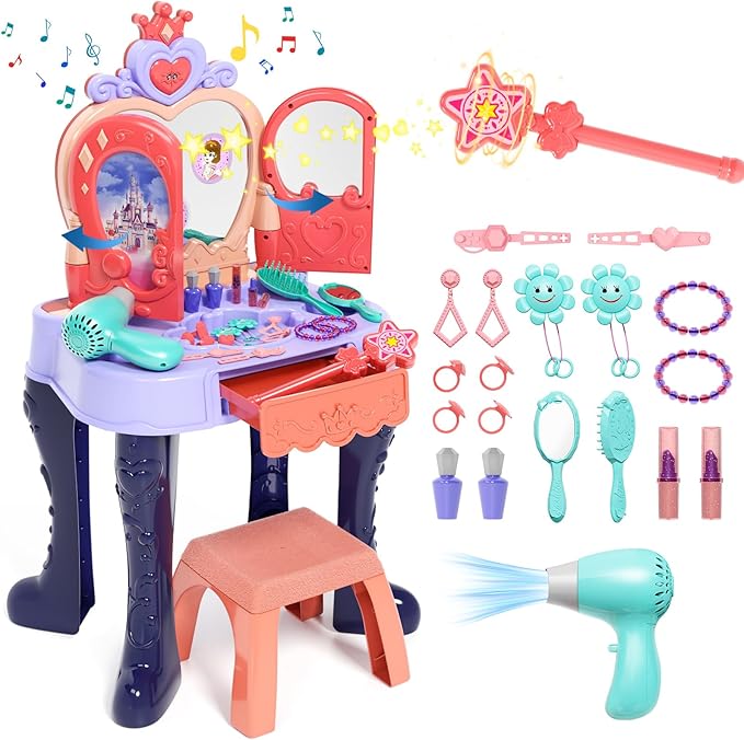 Eohemeral Magic Sensor Toddler Vanity Set with Automatic Opening Mirror, Kids Makeup Table with Induction Light & Music, Real Sound Hair Dryer, Fairy Wand & Accessories, Toy for Girls Age 3 4 5