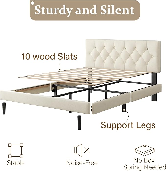 CXVX Full Size Platform Bed Frame with Upholstered Headboard, Button Tufted Design, Strong Wooden Slats, No Box Spring Needed, Easy Assembly, Noise Free