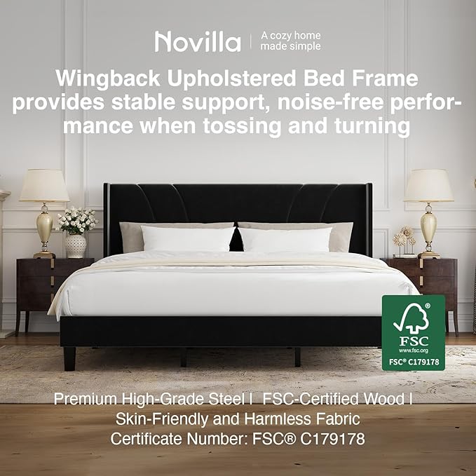 Novilla King Bed Frame, King Bed Frame and Headboard, Velvet Upholstered Wing Side Headboard, No Box Spring Needed, Heavy Duty Feet, Easy Assembly, Black Velvet