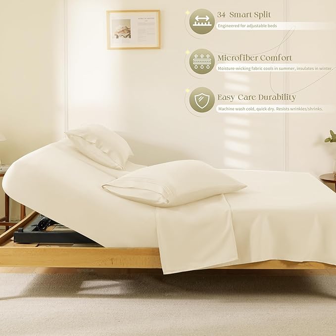 Manyshofu 4 Piece Split Head California King Sheets Sets for Adjustable Bed Sheet, Flex Head Split Top Cal King Sheets Beige Sheet Set - 1800 Thread Count Bedding Set with 14-16 Inch Deep Pockets