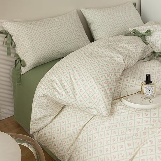 mixinni Red Floral Duvet Cover Set King Size - 100% Cotton Green Grid Bedding with Bow Ties, 3PC Cottagecore Comforter Cover (1 Duvet Cover + 2 Pillowcases) Vintage Garden Style Soft Aesthetic