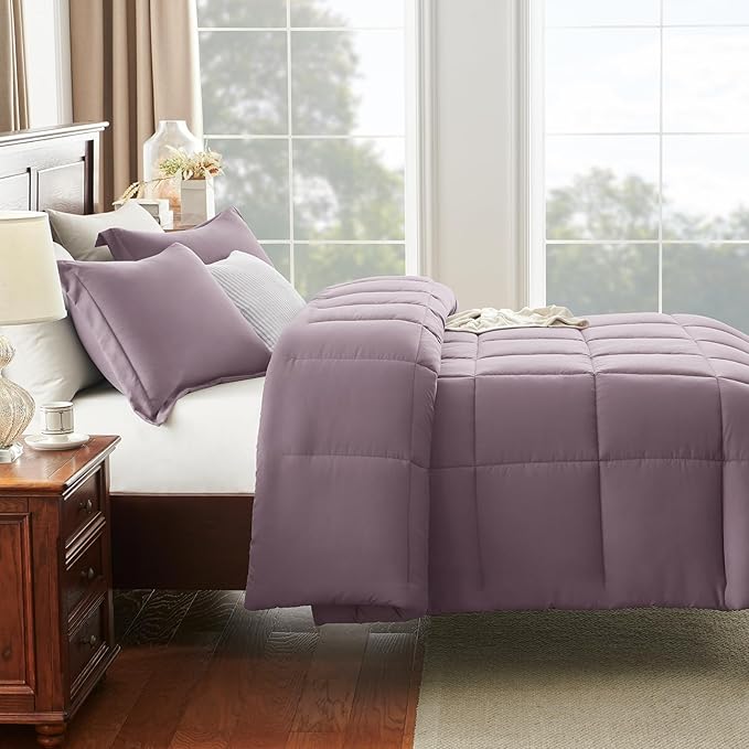 CozyLux King Size Comforter Set - 270GSM Dusty Purple Bedding Sets for All Seasons Size, 3 Pieces Box Stitched Bed Set with 1 Down Alternative Comforter and 2 Pillow Shams, Soft, Lightweight, Durable