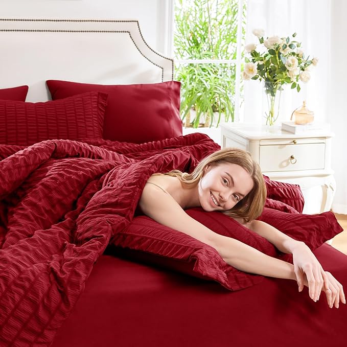 CozyLux Oversized Queen Comforter Set Dark Red Seersucker 7 Pieces 98x98 Bed in a Bag Comforter Set with Sheets, Luxury Bedding Sets with Down Alternative Comforter, Sheets, Pillowcases & Shams