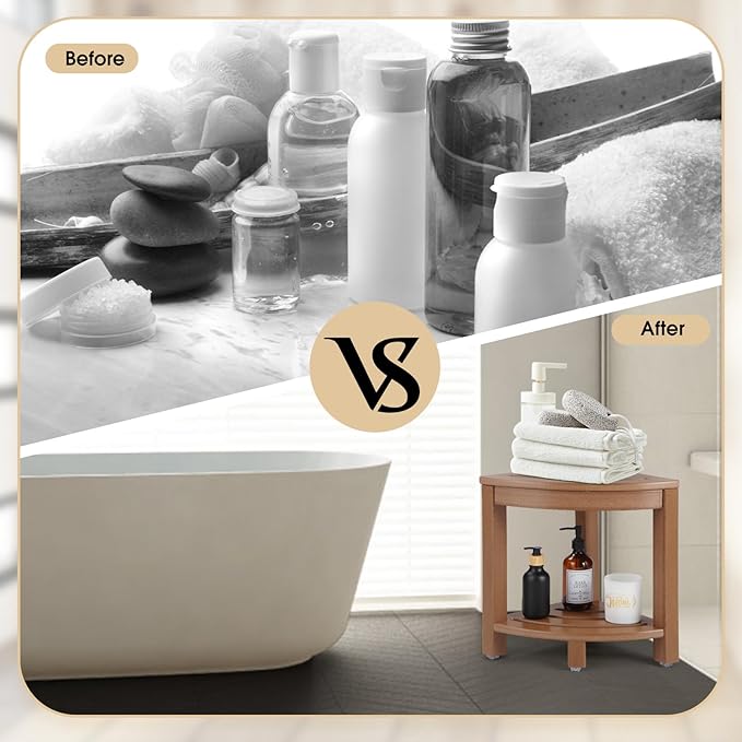 Apolimi HDPE Corner Shower Stool,Shower Bench Seat with Storage Shelf for Shaving Legs Plastic Spa Bath Step Foot Rest for Bathroom Small Place (Teak)