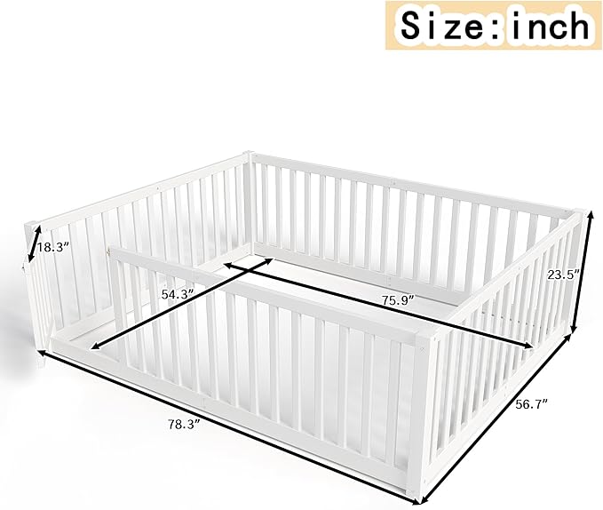 Bellemave Full Size Montessori Floor Bed with 23.5" High Rails, Pine,Plywood Full Floor Bed with Small Door, White