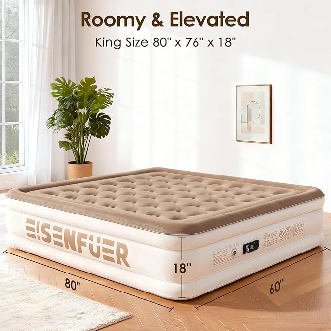 Air Mattress King with Built-in Pump – 18" Raised Inflatable Bed with High Speed Built-in Pump, Stable and Durable, colchón inflable, Carry Bag, Cozy Guest Air Bed for Sleepovers, Glamping, Moving