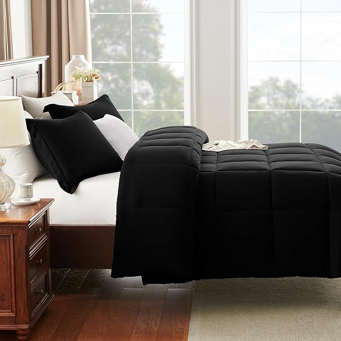 CozyLux Full Size Comforter Sets - 270GSM Black Bedding Sets for All Seasons, 3 Pieces Box Stitched Bed Set with 1 Down Alternative Comforter and 2 Pillow Shams, Soft, Lightweight, Breathable