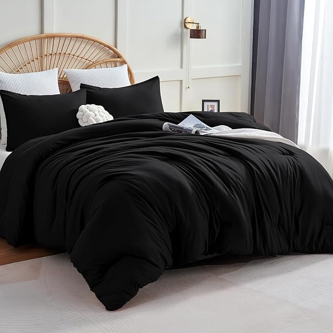 CozyLux California King Comforter Set Black, 3 Pieces Cal King Solid Breathable Bedding Quilted Sets for All Seasons, Luxury Soft Lightweight Bed Set with Down Alternative Comforter and 2 Pillowcases