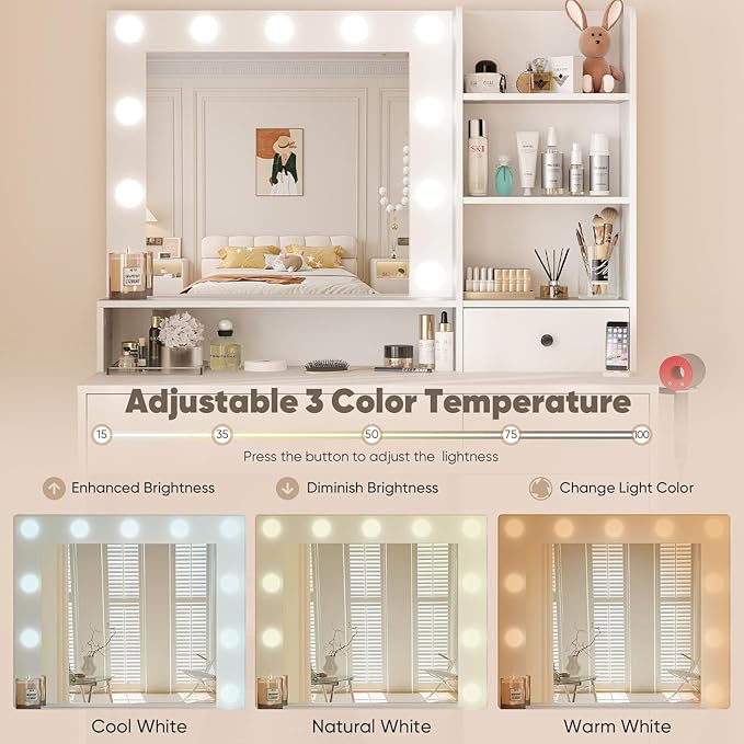 DUMOS Vanity Desk Makeup with Mirror LED Lights, Table with Power Outlet 2 Drawer, 4 Storage Shelves Cabinet & 3 Lighting Mode Adjustable Brightness, Dressing Tables for Bedroom, White