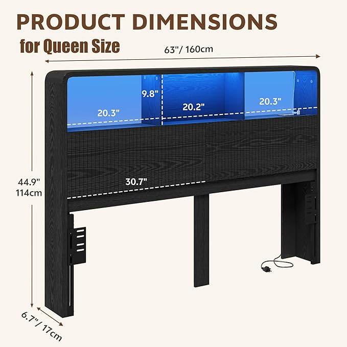 Headboard Queen Size with Storage, 63" Wide Wooden Queen Headboard Only, Modern Farmhouse Head Board with Outlets & USB Ports, Wall Mounted Headboards with Color-Changing LED, Black