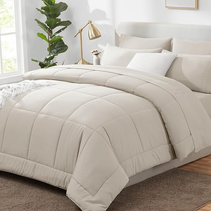 CozyLux Queen Comforter Set Beige, 7 Pieces Bed in a Bag, Beige Comforters Queen Size, All Season Bedding Sets with Stitch Quilted Comforter, Flat Sheet, Fitted Sheet, Pillowcases
