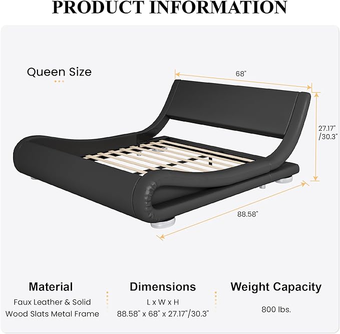 SHA CERLIN Queen Size Upholstered Bed Frame, Deluxe Low Profile Sleigh Bed with Faux Leather Ergonomics Headboard, No Box Spring Needed & Easy Assembly, Black