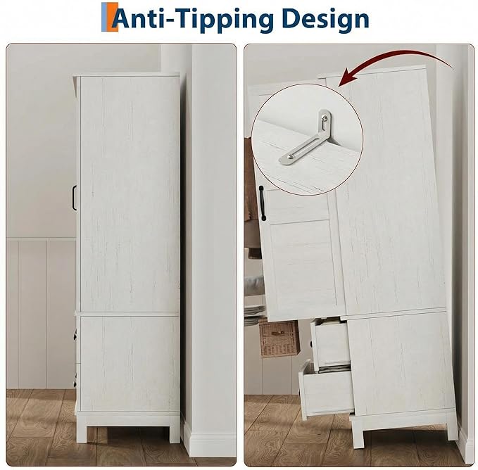 IDEALHOUSE Armoire Wardrobe Closet with 2 Drawers, 72" Tall Wooden Clothing Wardrobe with Hanging Rod & DIY Adjustable Shelf, Heavy Duty Bedroom Armoire Storage Cabinet with Doors, Rustic White