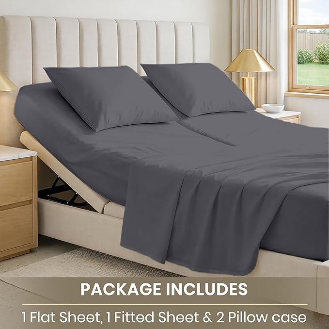 SGI bedding 34" Queen Split Top Flex Head Sheet 100% Egyptian Cotton 1000 Thread Count Flex Top Sheet for Adjustable Bed 4Pc Sheet Set 15" Deep Pocket for Sleep Number Bed - Dark Gray