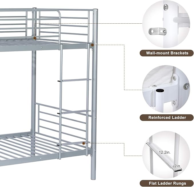 Bonnlo Metal Bunk Bed Twin Over Twin Bed Frames for Kids Bunk Beds with Flat Ladder Rungs, Heavy Duty Bunk Beds for Kids/Teens/Adults, Double Twin Bed with Metal Slats and Heighten Guardrails, Gray