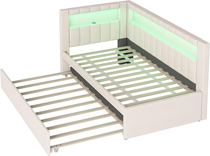 Merax Modern Upholstered Platform Bed Frame with USB Ports & Trundle Bed, Floor Sofa Day Bed, No Box Spring Needed/Easy Assemble/Twin,White
