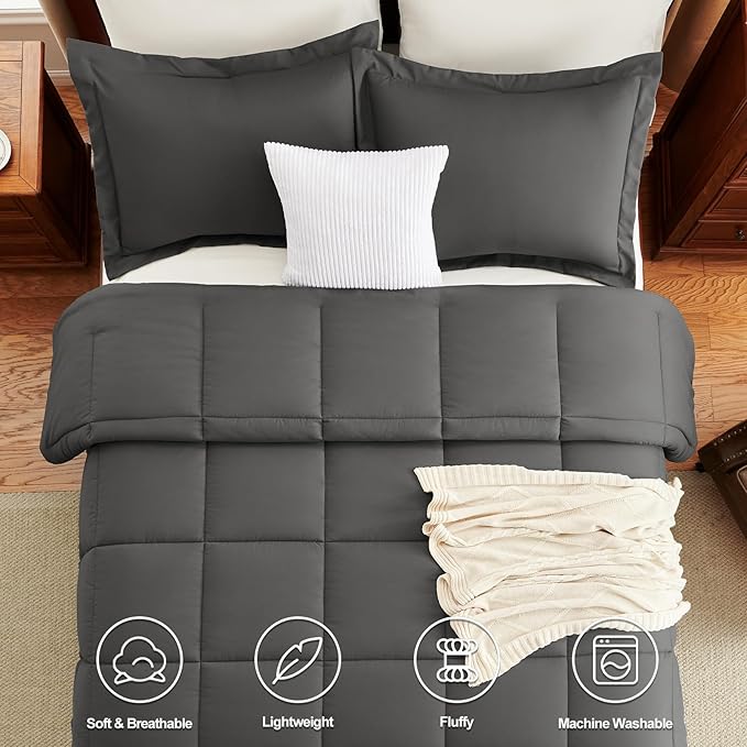 CozyLux Oversized Queen Comforter Set, 270GSM Dark Grey Bedding Sets for All Seasons, 3 Pieces 98x98 Bed Set with 1 Down Alternative Comforter and 2 Pillow Shams, Soft, Lightweight, Breathable