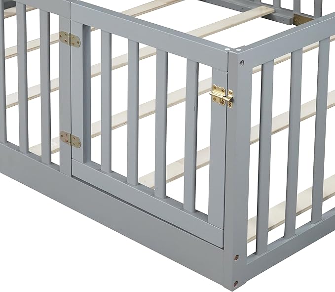 Bellemave Full Size Montessori Floor Bed with 21.5" High Rails, Rubber Wood Full Floor Bed with Slats and Door, Gray