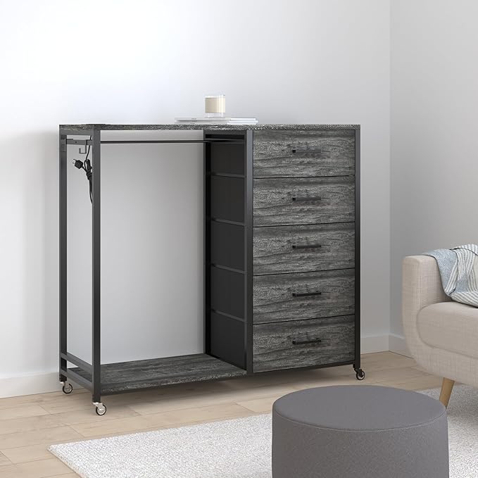 Cyclysio Dresser with Hanging Rack, 5 Fabric Drawers Dresser with Clothes Rack, Wooden Top Storage Chest of Drawers with Charging Station & LED Lights, Lockable Wheels
