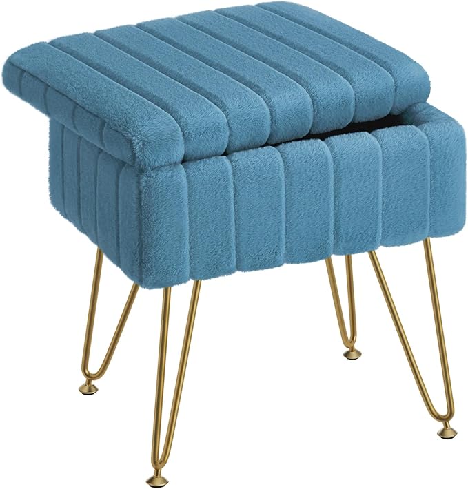 Greenstell Vanity Stool Chair Faux Fur with Storage, 15.7"L x 11.8"W x 19.4"H Soft Ottoman 4 Metal Legs with Anti-Slip Feet, Furry Padded Seat, Modern Multifunctional Chairs for Makeup, Bedroom,Blue
