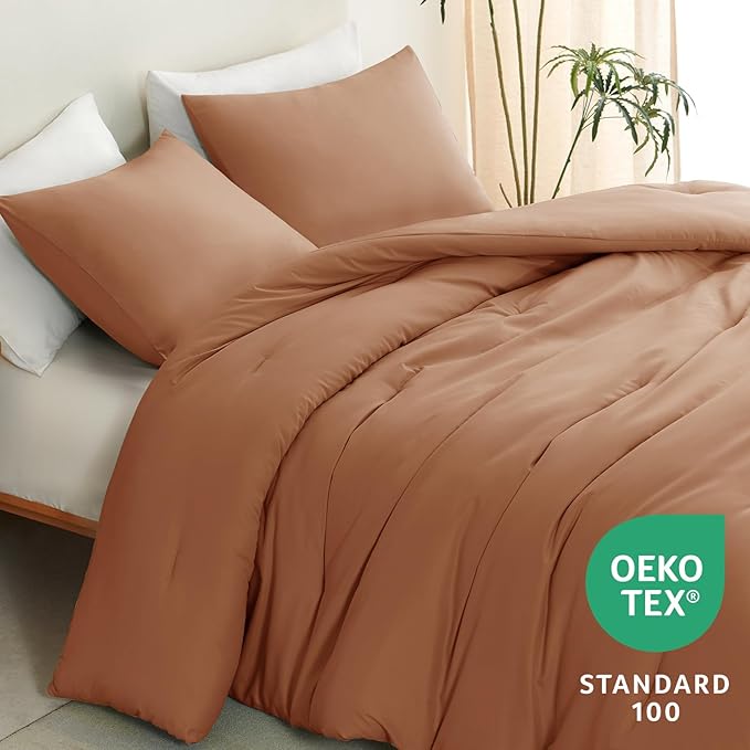 CozyLux Queen Comforter Set Pumpkin, 3 Pieces Solid Comforters Queen Size Breathable Bedding Sets, Fall Luxury Soft Lightweight Bed Set with Down Alternative Comforter and 2 Pillowcases All Seasons