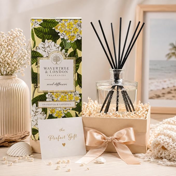 Wavertree & London Natural Frangipani & Gardenia Scented Reed Diffusers Set - Lasting Aromatherapy Air Freshener Diffuser with Sticks for Home & Office, 250ml Scented Diffuser with 6 Months Scent Life