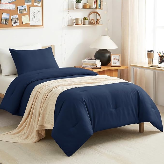 CozyLux Twin Comforter Set Navy Blue, 2 Pieces Twin Extra Long Solid Breathable Bedding Sets for College Dorm, Twin XL Luxury Soft Bed Set with Down Alternative Comforter and 1 Pillowcase All Seasons