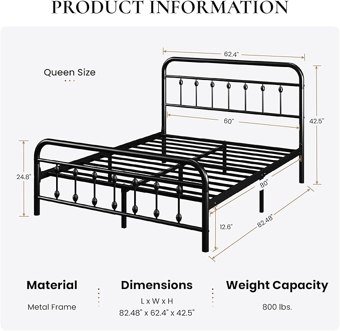 SHA CERLIN Queen Size Metal Platform Bed Frame with Victorian Style Iron-Art Headboard and Footboard, Easy Assembly, Under Bed Storage, No Box Spring Required, Black