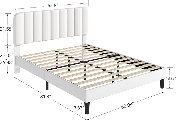 VECELO Queen Size Bed Frame with Upholstered Headboard, Velvet Platform Bedframe Mattress Foundation, Strong Wood Slat Support, No Box Spring Needed,White