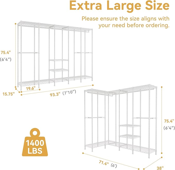 Higeego H5 Extra Large Heavy Duty Clothes Rack, Wire Garment Rack, Freestanding Clothing Rack for Hanging Clothes, Wardrobe Closet with Adjustable Shelf, 93.3" Wx15.7 Dx75.4 H, White, Load 1400 lbs