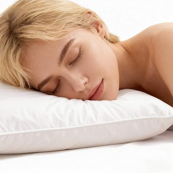 Thin Flat Soft Goose Feather Down Bed Pillows for Sleeping Hypoallergenic Standard Size Set of 1 Pack Side Back and Stomach Sleepers