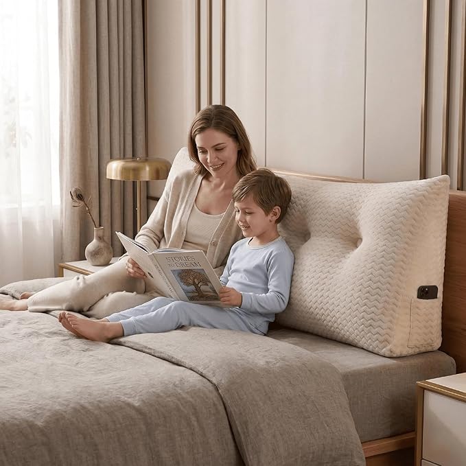 Headboard Pillow Twin Size, Reading Pillow for Bed, Wave Pattern Wedge Pillow, Tufted Backrest Support, Headboard Substitute, Beige