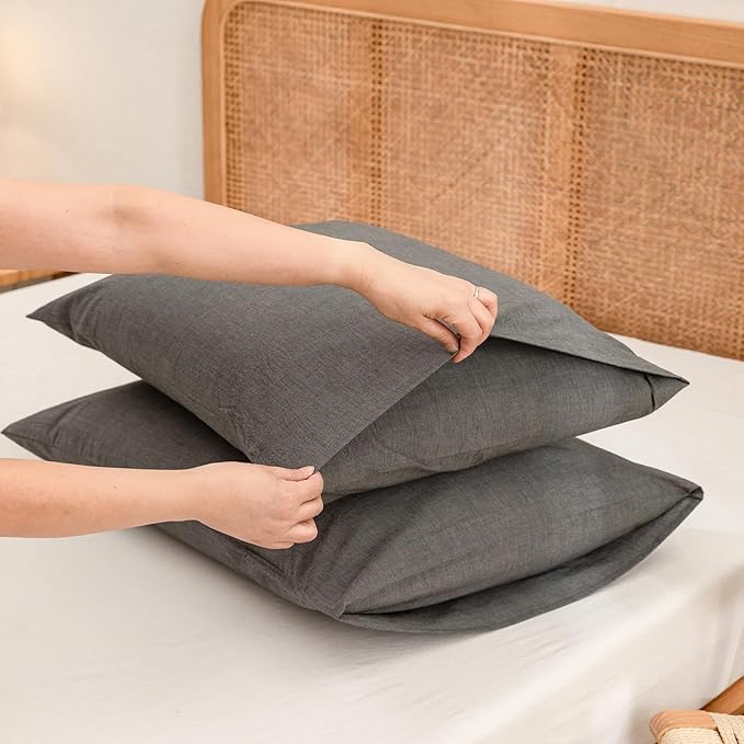 BESTOUCH 100% Washed Cotton Pillowcase for Hair and Skin Linen Feel Soft Comfortable Breathable 2 Set Pillow Case with Envelope Closure Solid Dark Grey Queen 20x30 Inches