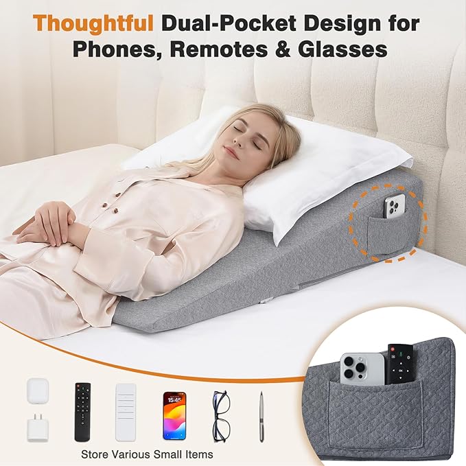 Vekkia 34" Extra-Long Wedge Pillow, Back & Arm Support, Bed Wedge Pillow for Sleeping After Surgery, Acid Reflux, Snoring Relief, Removable Washable Cover & Double Side Pockets, 7.5" Height, Gray