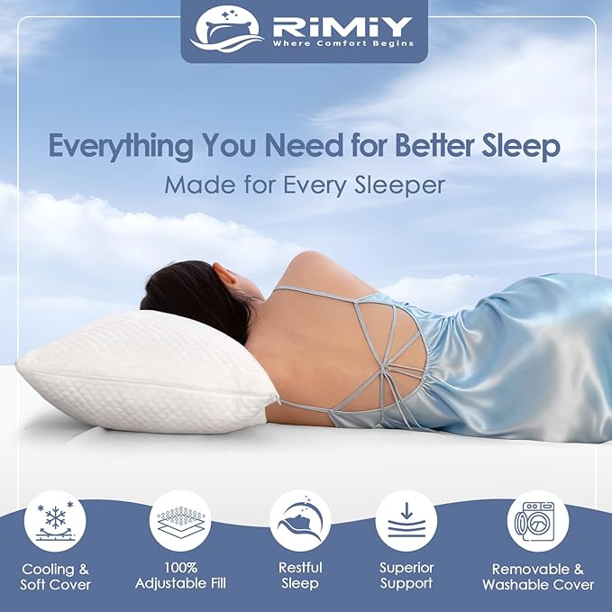 Cooling Adjustable Memory Foam Pillows Queen Size Set of 2, Bamboo Firm Pillow w/Washable Zippered Cover, Luxury Bed Pillow for Side, Back and Stomach Sleeper, CertiPUR-US Certified Foam
