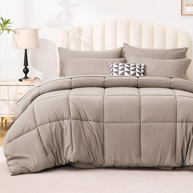 Love's cabin Twin XL Comforter Set Light Brown, 5 Pieces Twin XL Bed in a Bag, All Season Bedding Sets with 1 Comforter, 1 Flat Sheet, 1 Fitted Sheet, 1 Pillowcase and 1 Pillow Sham | Soft, Breathable, Lightweight, Comfortable