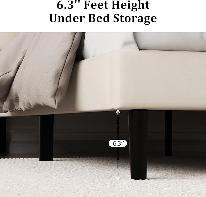 CXVX Queen Size Platform Bed Frame with Upholstered Velvet Button Tufted Headboard, Mattress Foundation with Wooden Slat Support, No Box Spring Needed, Easy Assembly, Noise Free, Beige