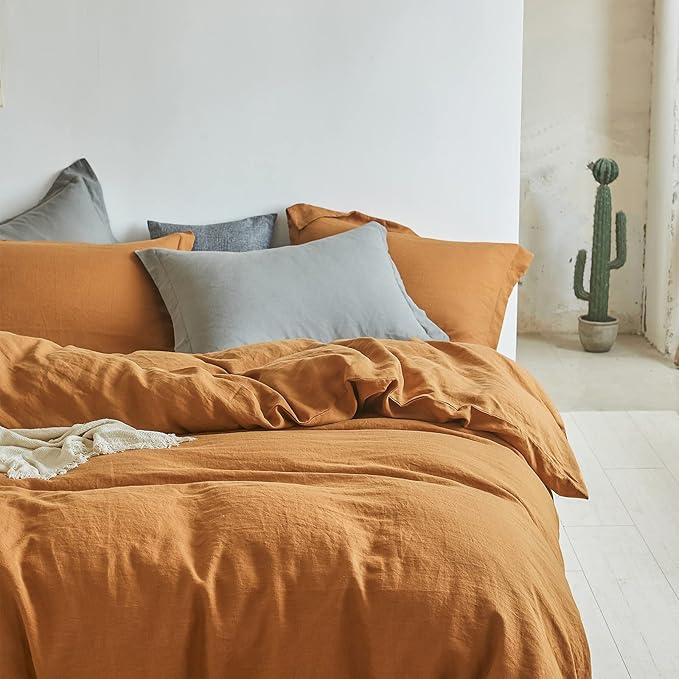 Simple&Opulence 100% Linen Duvet Cover Set 2pcs Basic Style Natural French Washed Flax Solid Color Soft Breathable Farmhouse Bedding with Button Closure - Rust, Twin