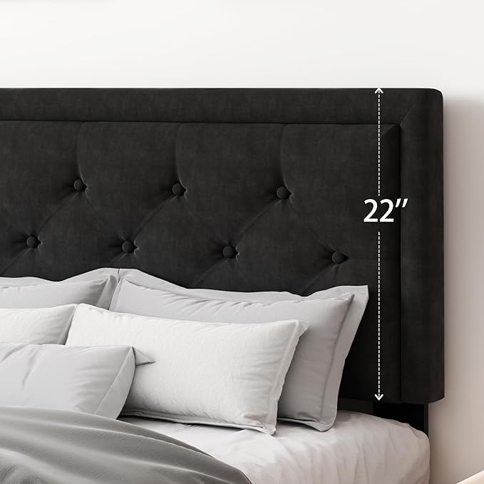 CXVX Queen Size Platform Bed Frame with Upholstered Velvet Button Tufted Headboard, Mattress Foundation with Wooden Slat Support, No Box Spring Needed, Easy Assembly, Noise Free, Black