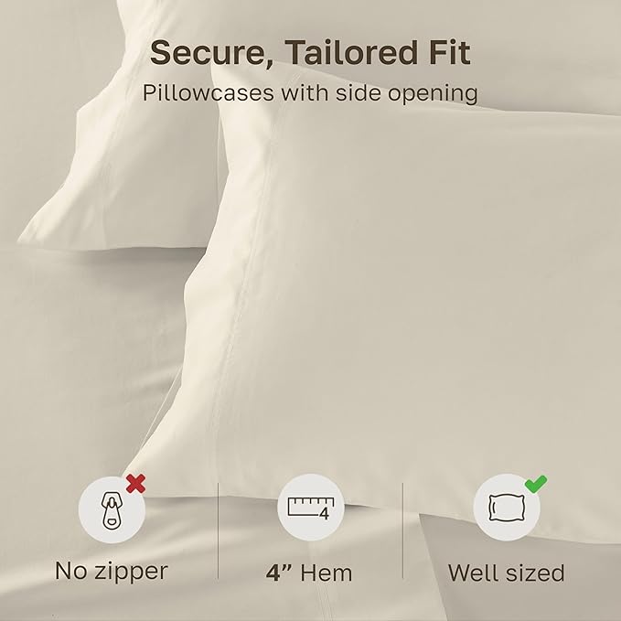 Luxuriously Soft Premium 600 Thread Count, 100% Cotton Set of 2 Cases, Crisp Pillowcases Queen Size Set of 2 Fits Standard & Queen Pillows - Cream (Warm Ivory)