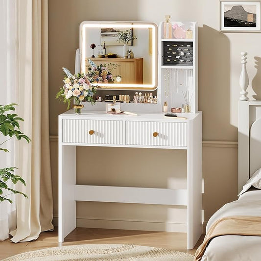 Memobarco Fluted Vanity Desk with Mirror and Lights, Small Makeup Vanity with 2 Drawers and Jewelry Storage Cabinet, 3 Lighting Modes Adjustable Brightness, Dressing Table for Bedroom - White