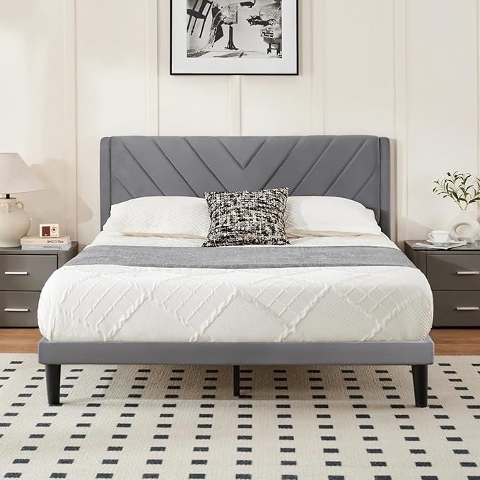 Full Bed Frame with Headboard, Bed Frame Full Size with Sturdy Wooden Slats Support, Platform Bed Frame with Velvet Upholstered Headboard, Mattress Foundation, Easy Assembly, No Box Spring Needed