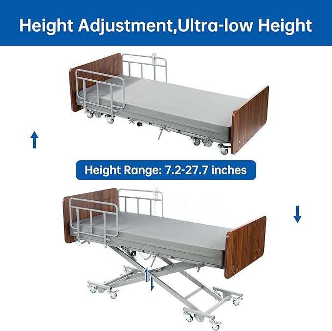 Hospital Bed with 3 Electric Functions, Ultra Low Electric Medical Bed with 6" Foam Mattress, Adjustable Height 7.2”-27.7”, Easy Installation, 530 lbs Capacity