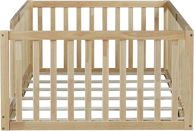 Bellemave Twin Size Montessori Floor Bed with 21.5" High Rails, Rubber Wood Twin Floor Bed with Slats, Natural